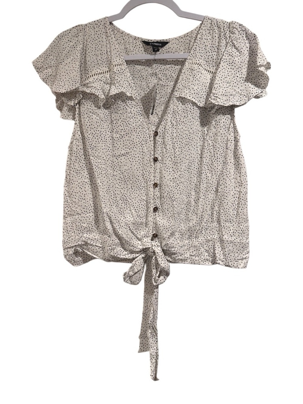Express White Tie-Front Button Ruffle Blouse - Picture 3 of 16